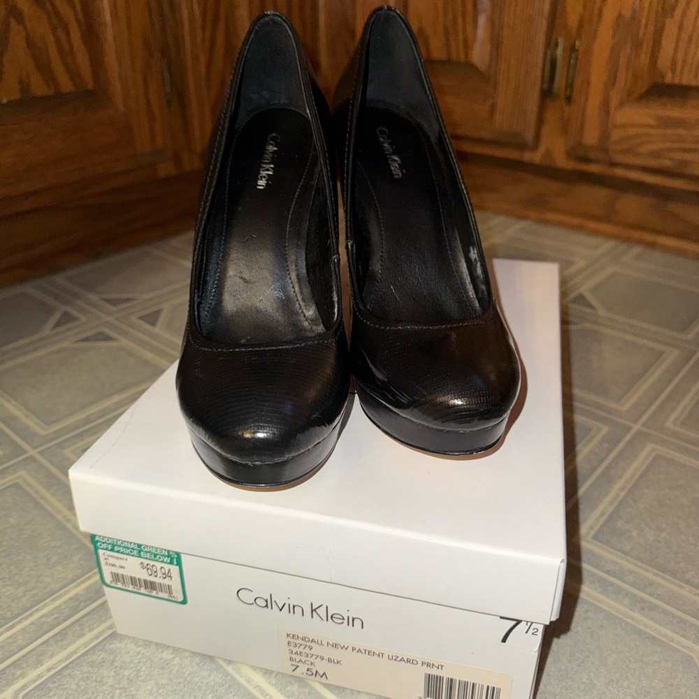 Calvin Klein Black Leather Lizard Print Heels